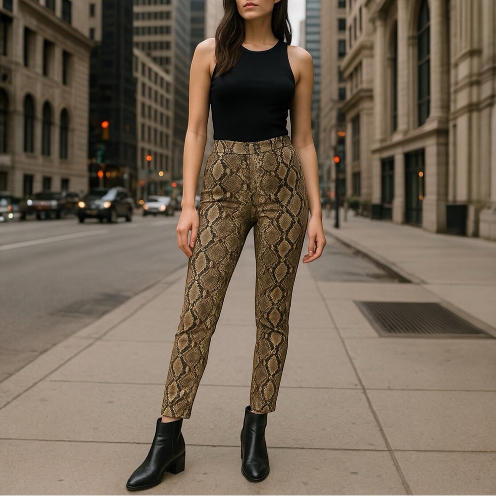 PrettyLittleThing Snake‎ Print Skinny Trouser Pant High Waist Tan 6